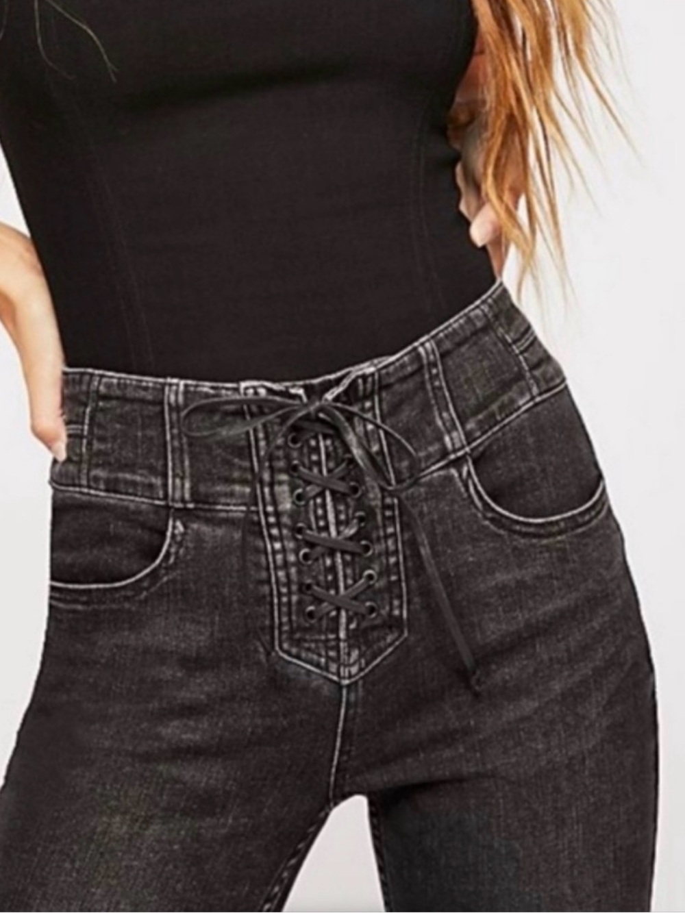 WE THE FREE CRVY charcoal gray lace-up high-waist skinny stretchy jeans, size 29 - Picture 14 of 16